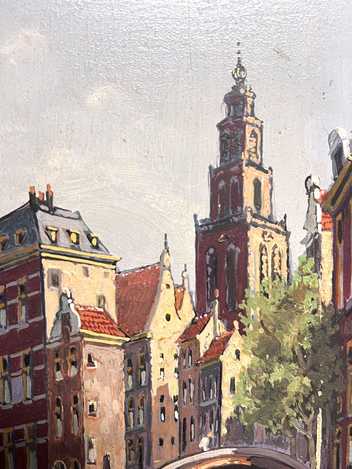 Puente y canal holandeses Calles traseras de Amsterdam Pintura al óleo enmarcada - Painting Impresionista de Dutch School