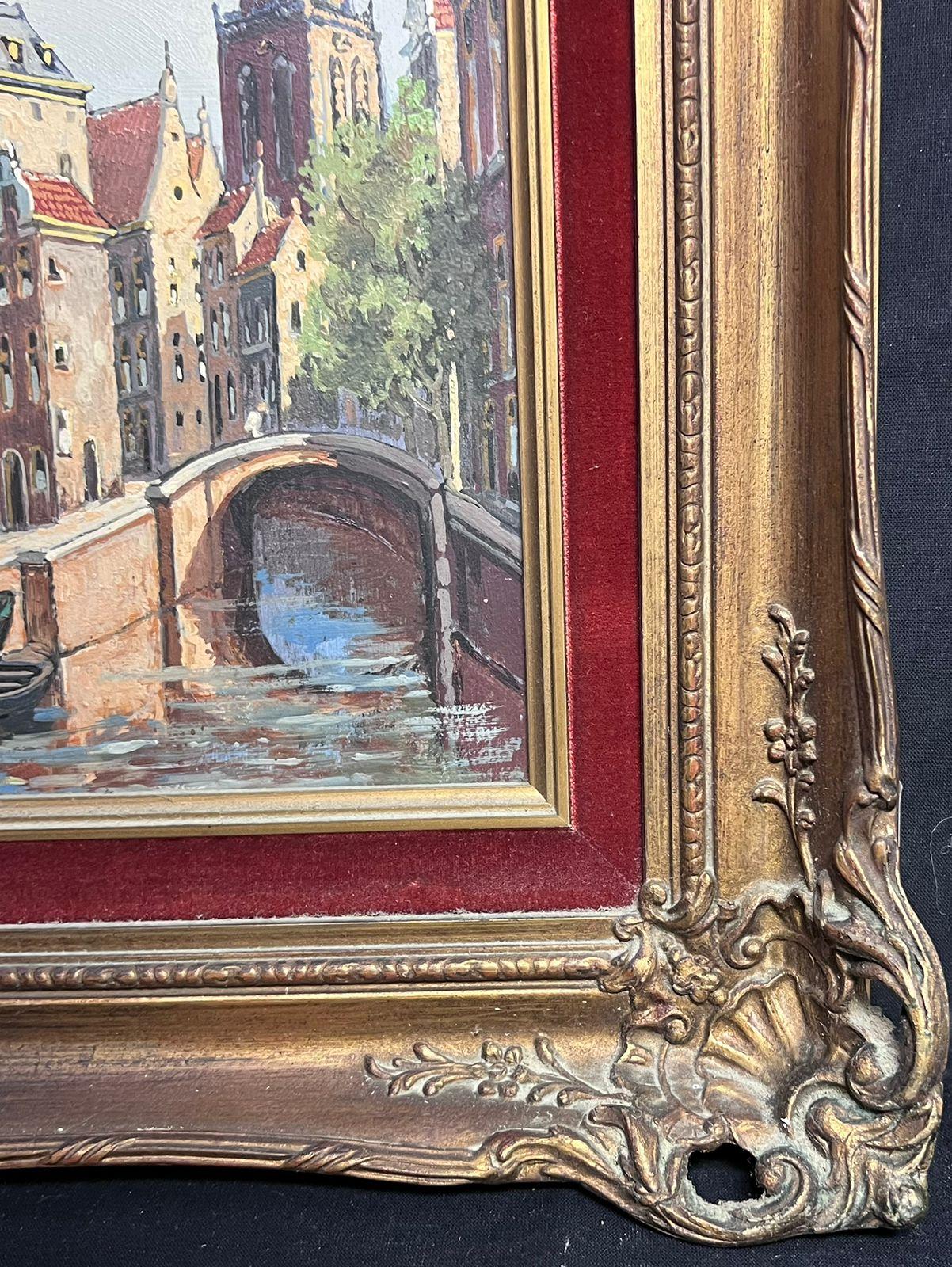 Puente y canal holandeses Calles traseras de Amsterdam Pintura al óleo enmarcada en venta 1