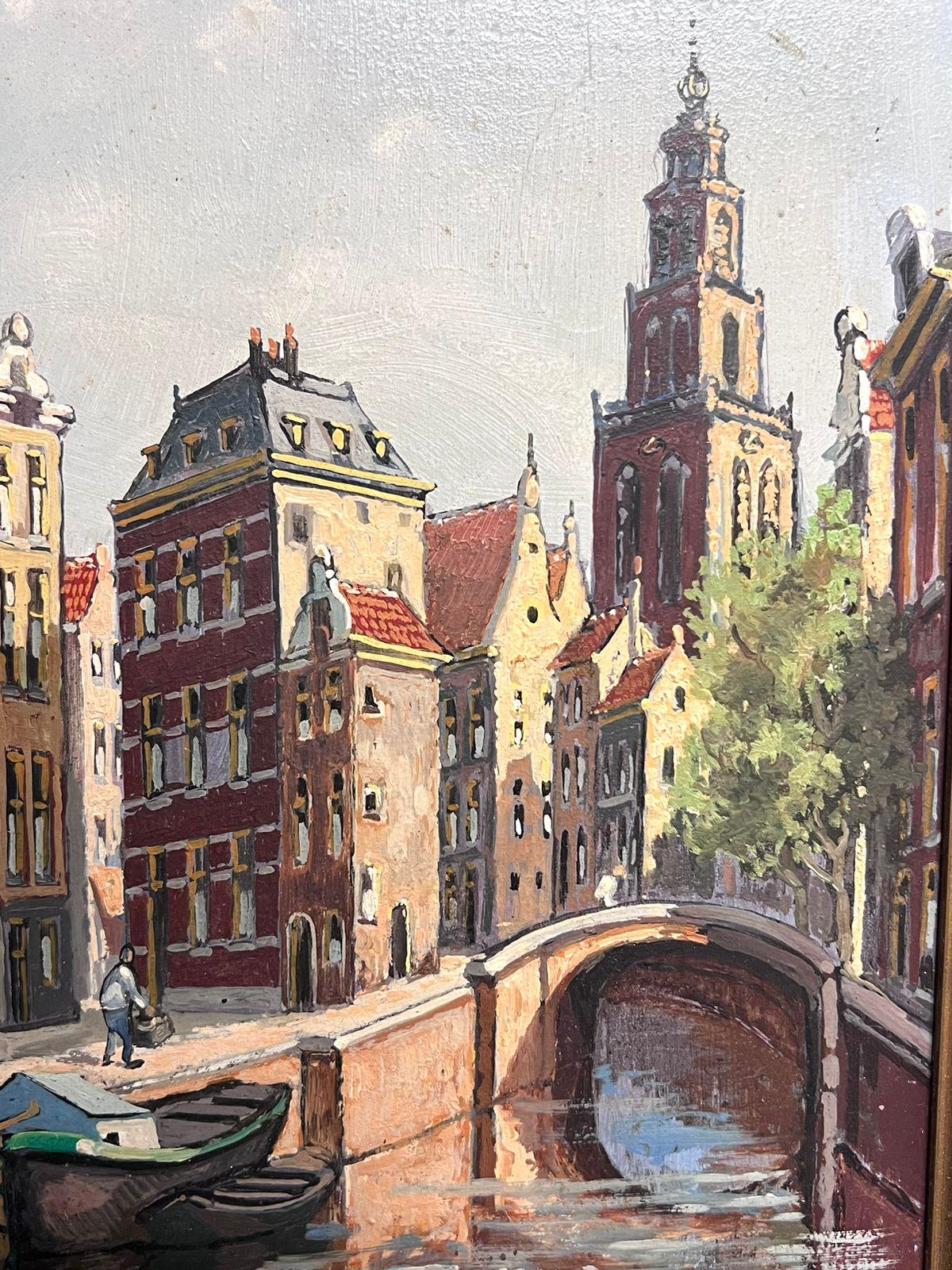Puente y canal holandeses Calles traseras de Amsterdam Pintura al óleo enmarcada en venta 2
