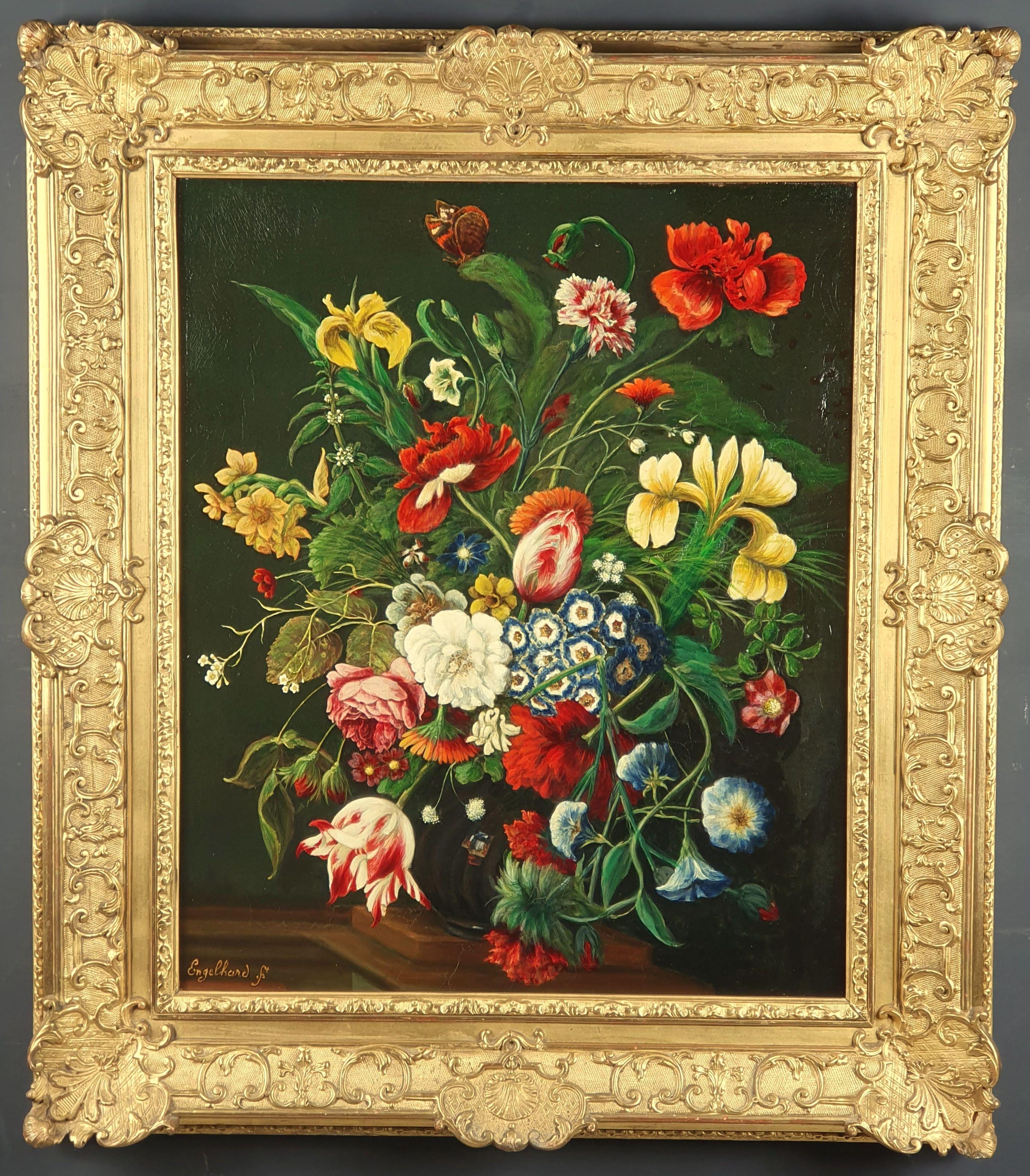 Beautiful oil on canvas signed Engel Hard Ftrepresenting a floral composition in the style of the 17th century.

Work from the end of the 19th century or the beginning of the 20th.

Very beautiful frame in wood gilded with fine gold in the Louis