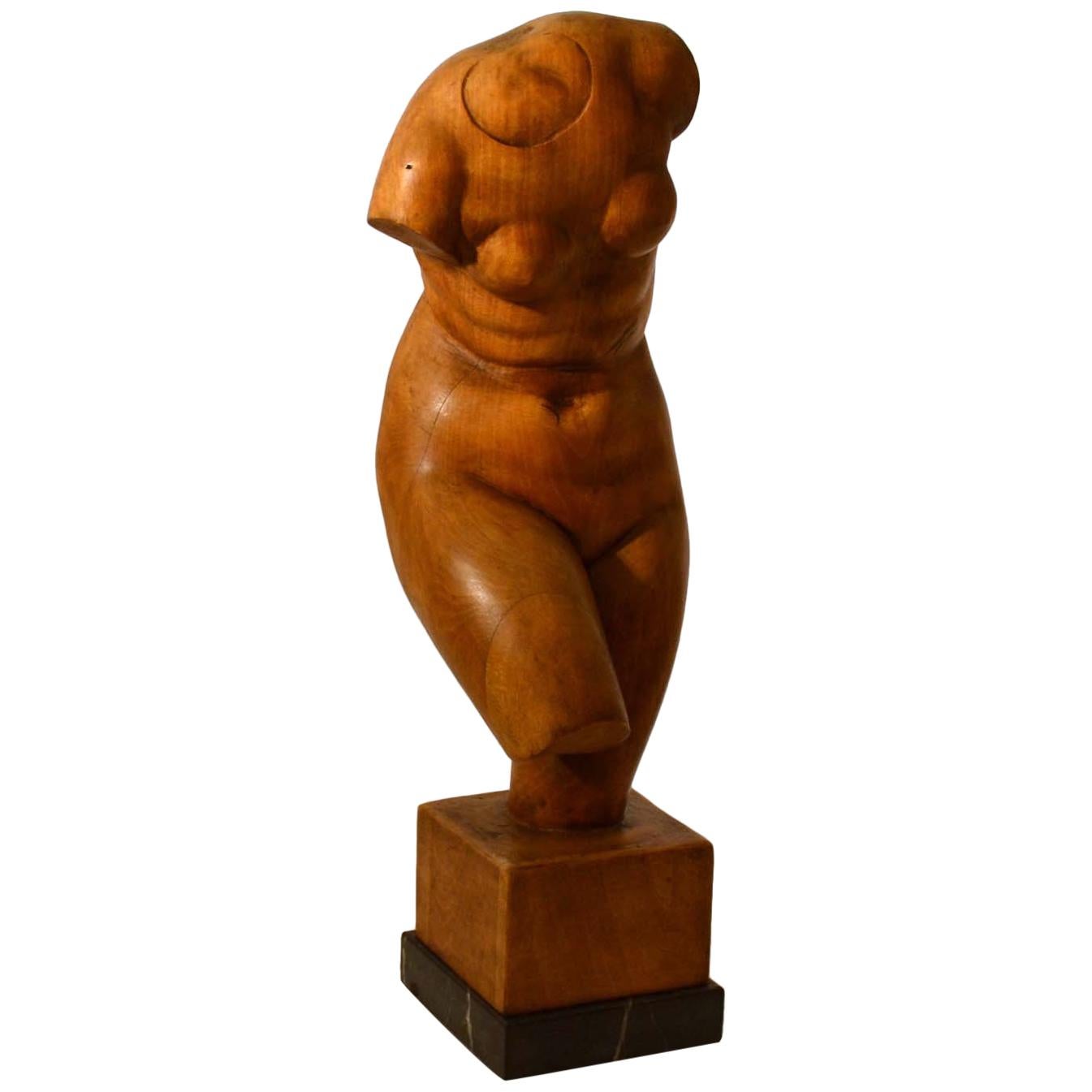Dutch Sculpture of Female Torso Carved in Wood by V. de Vos