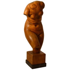 Dutch Sculpture of Female Torso Carved in Wood by V. de Vos