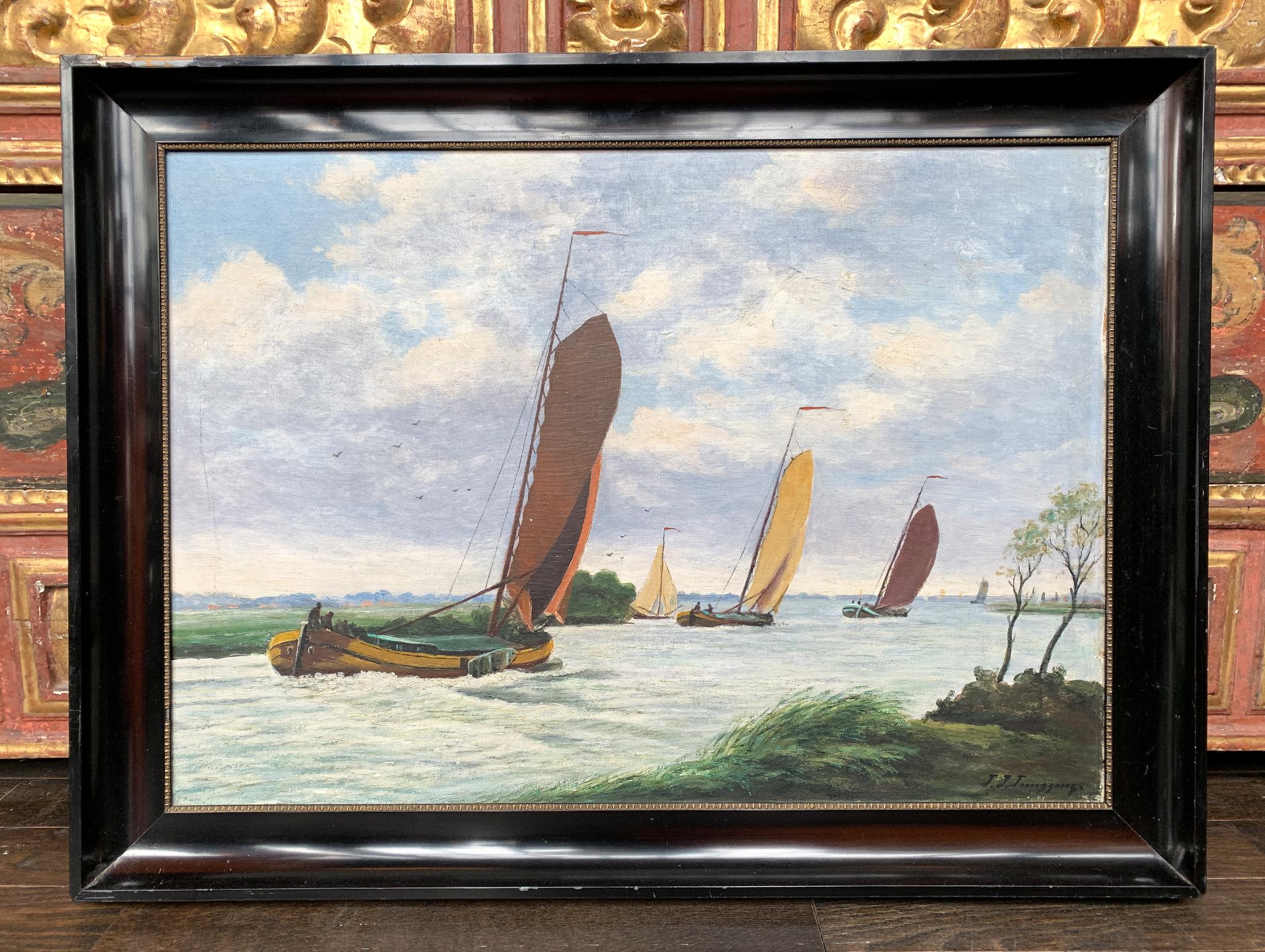 An idyllic nautical scene with an expanse of sky in the background and sailboats in the foreground. It's a luminous seascape with small impressionistic, delicate brushstrokes. The painting is oil on canvas and framed lacquered wood with gilt