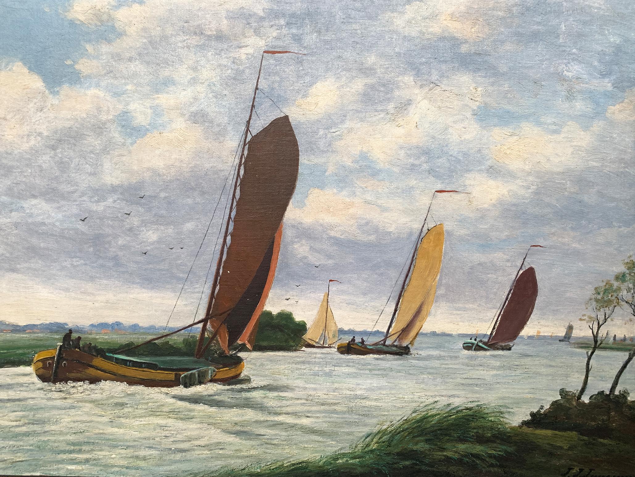 Danish Dutch Seascape Painting with Sailboats
