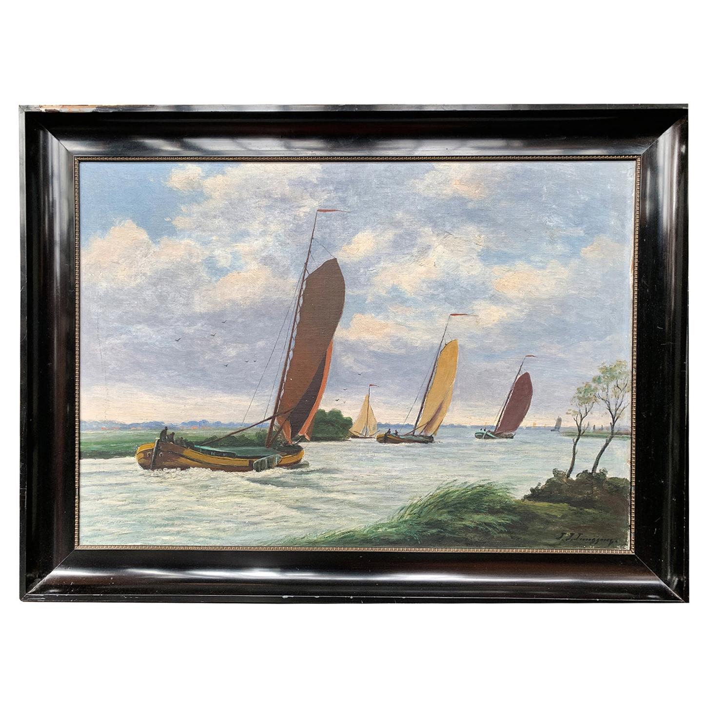 Dutch Seascape Painting with Sailboats