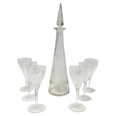 Dutch set of diamond and fan crystal cut decanter and wine glasses, ca 1890