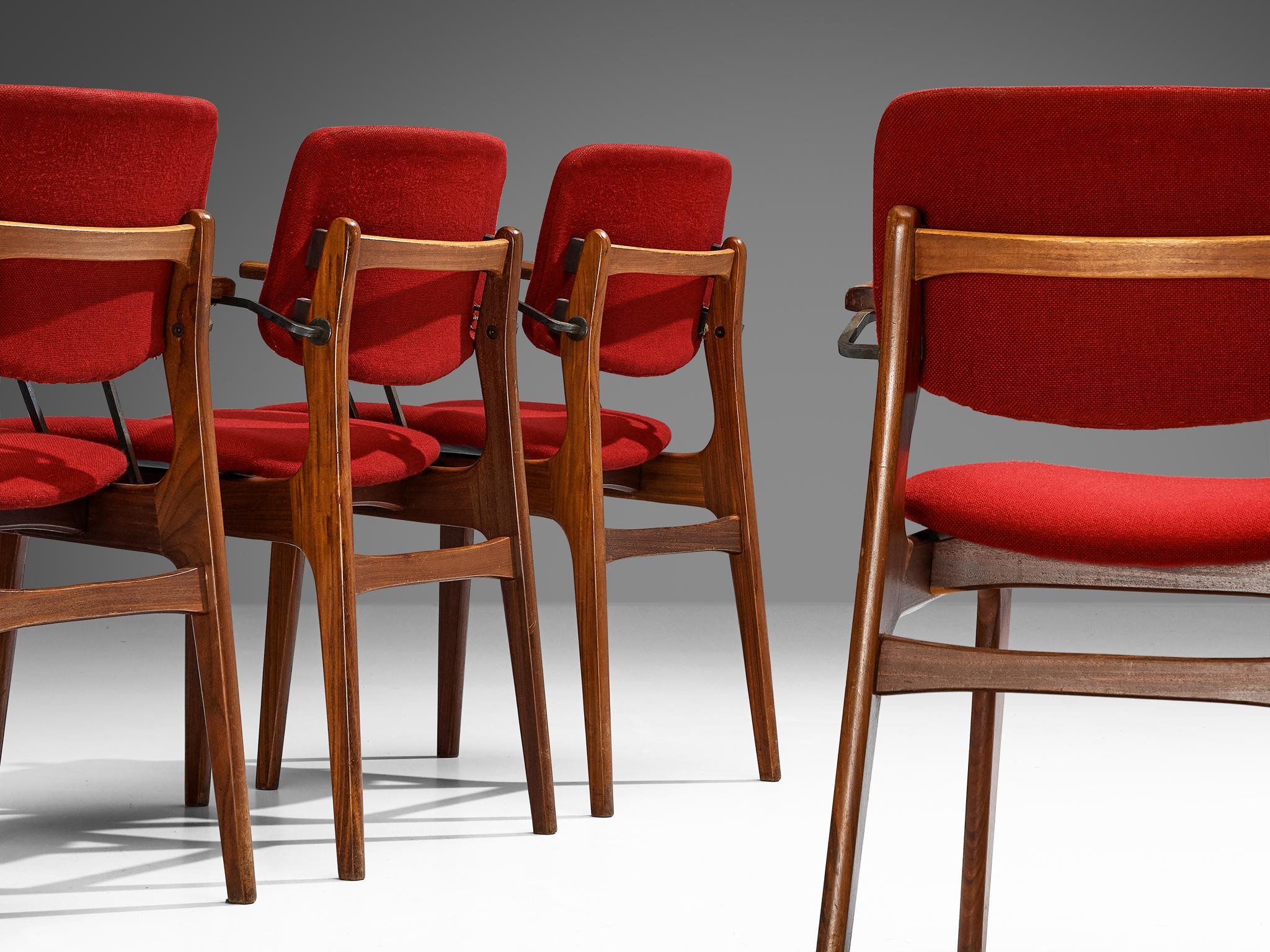 Mid-Century Modern Dutch Set of Eight Armchairs in Teak and Burgundy Red Upholstery  For Sale