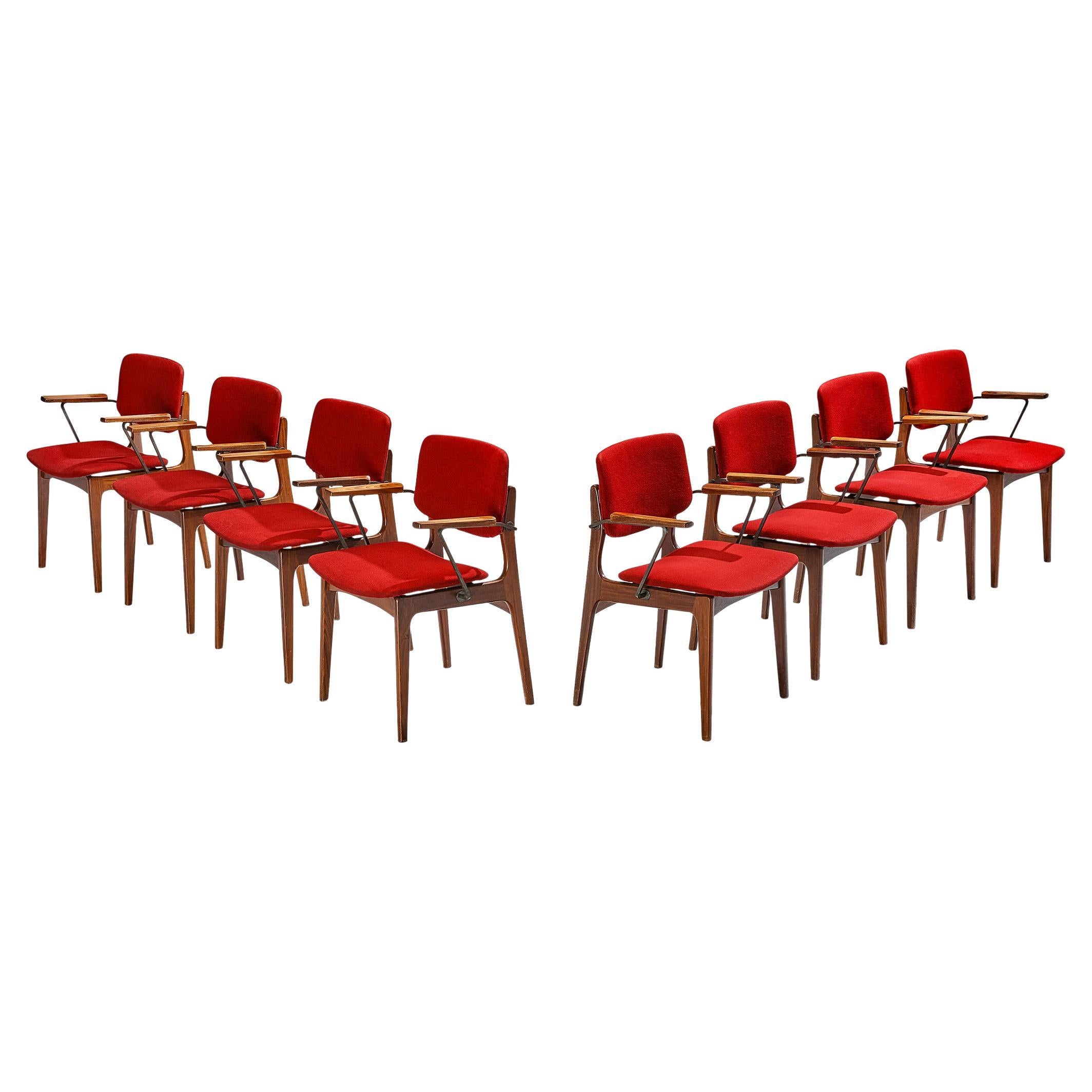 Dutch Set of Eight Armchairs in Teak and Burgundy Red Upholstery  For Sale