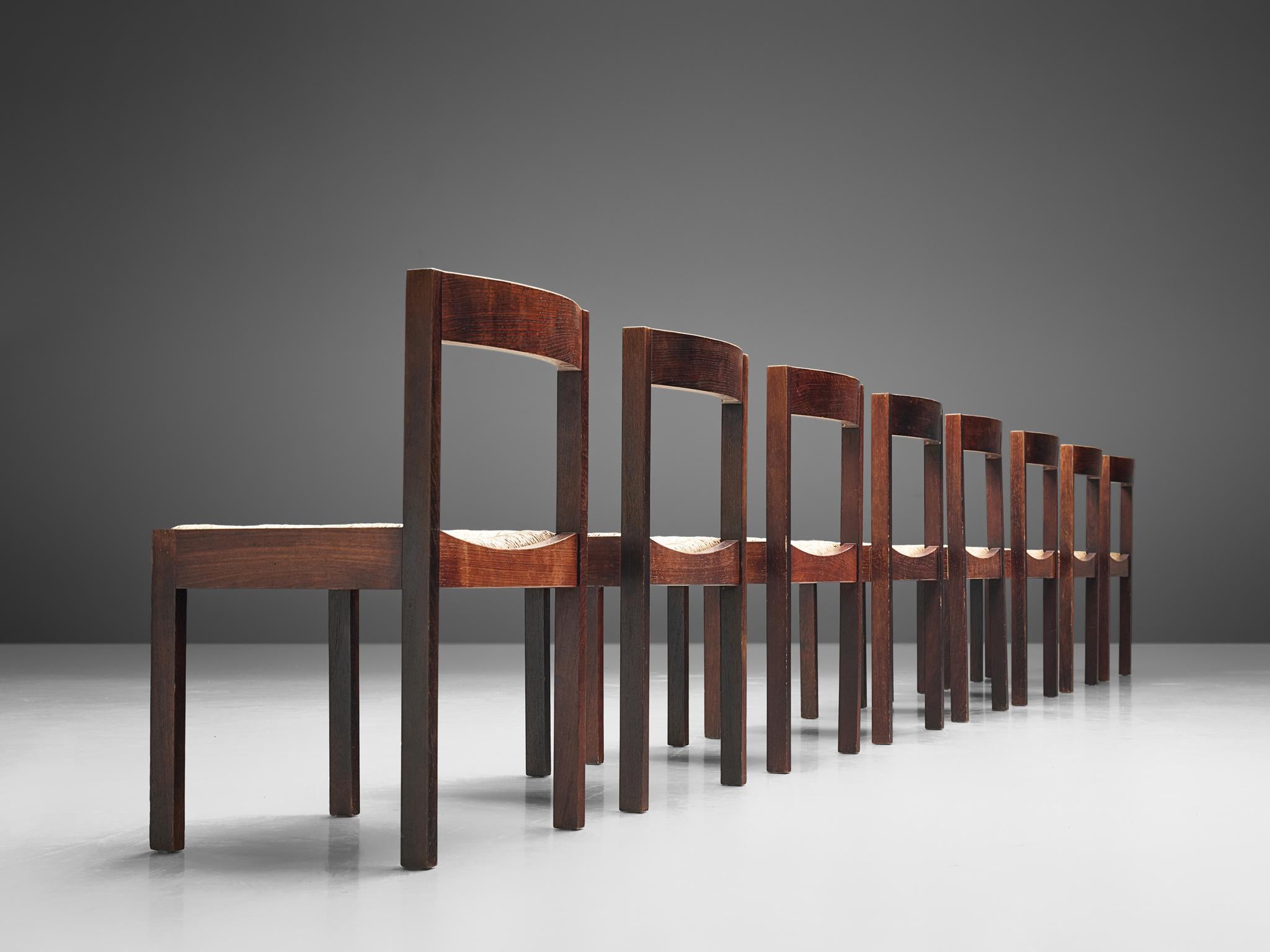 Mid-Century Modern Dutch Set of Eight Dining Chairs in Wengé and Cane