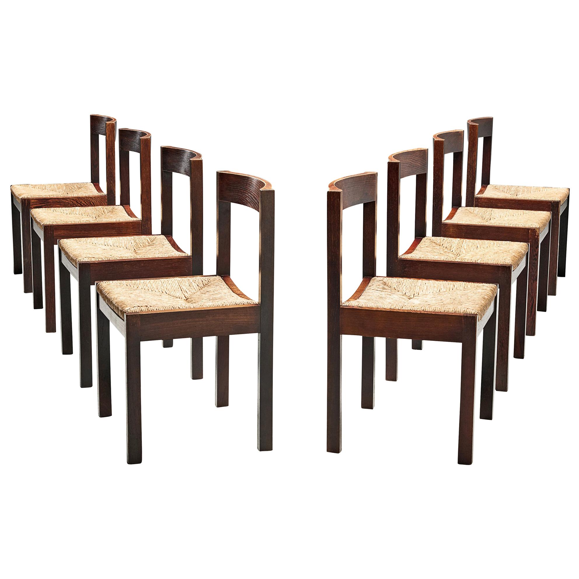 Dutch Set of Eight Dining Chairs in Wengé and Cane