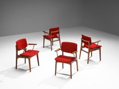 Dutch Set of Four Armchairs in Teak and Burgundy Red Upholstery