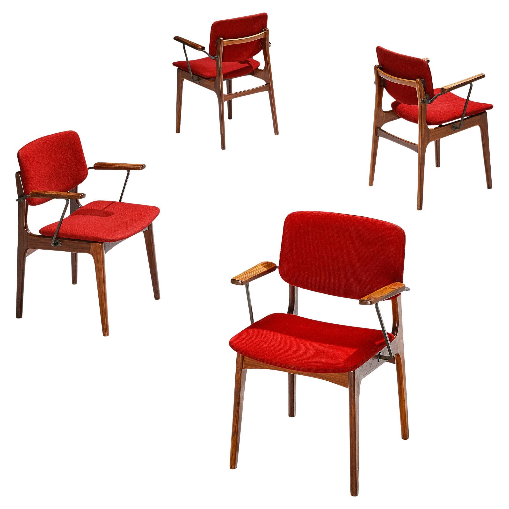 Dutch Set of Four Armchairs in Teak and Burgundy Red Upholstery 