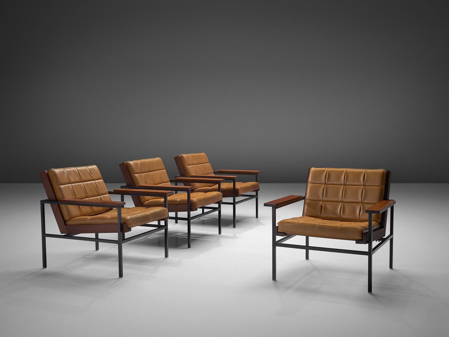 Dutch Set of Four Yellow Lounge Chairs with Steel Frame (Niederländisch)