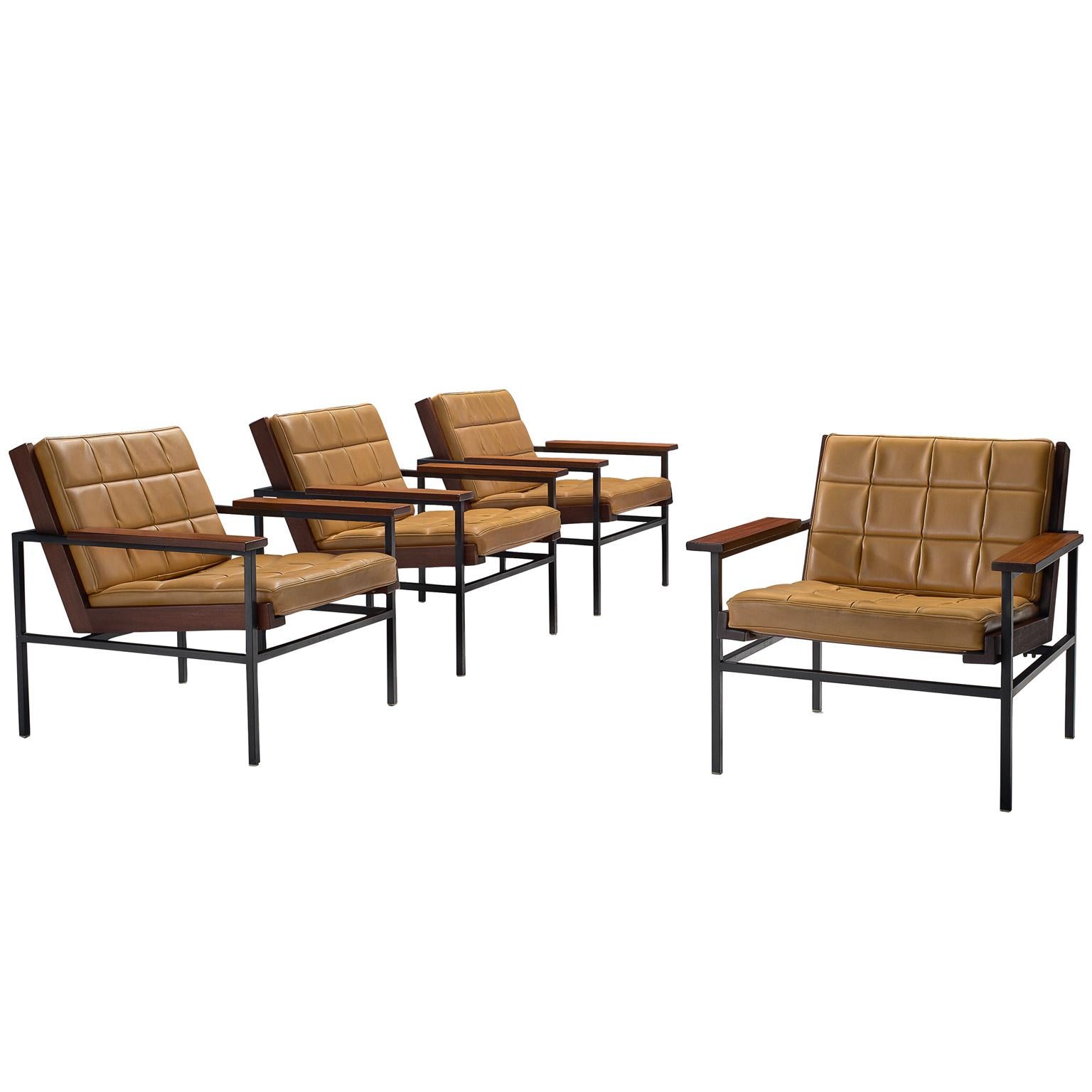 Dutch Set of Four Yellow Lounge Chairs with Steel Frame