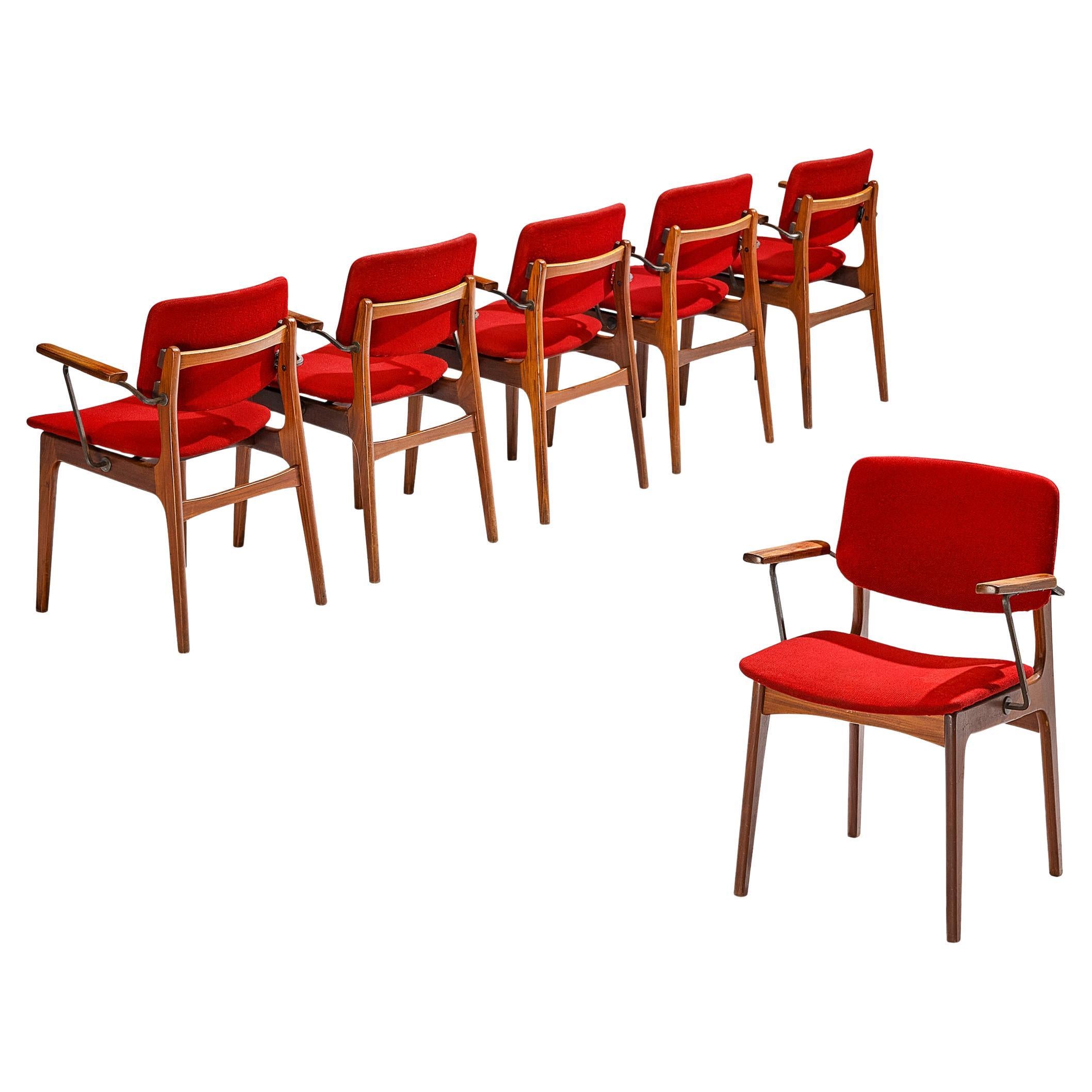 Ensemble de six fauteuils néerlandais en teck et tissu rouge bourgogne 