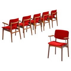 Ensemble de six fauteuils néerlandais en teck et tissu rouge bourgogne 