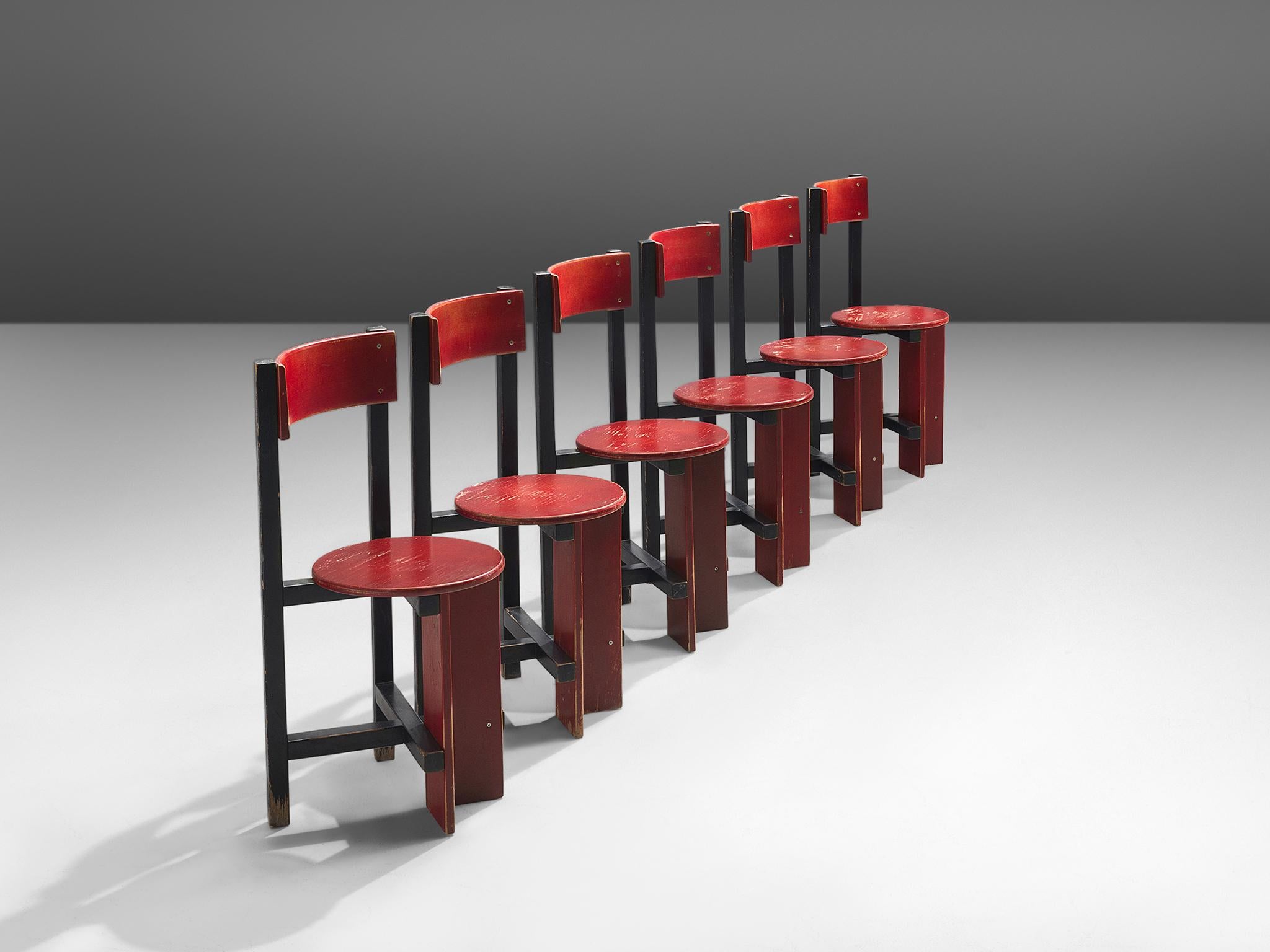 Rare 'Bastille' chairs, in lacquered wood, by Piet Blom, the Netherlands, 1968.

This sculptural set was originally designed for the University of Twente which was nicknamed the 'Bastille'. The chairs were designed in 1968 and only produced in an