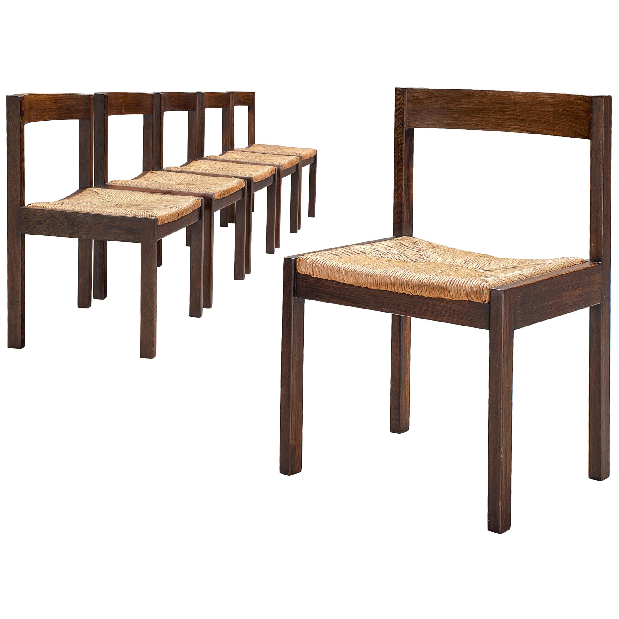 Set of 6 Dutch Dining Chairs in Wengé and Straw Seats