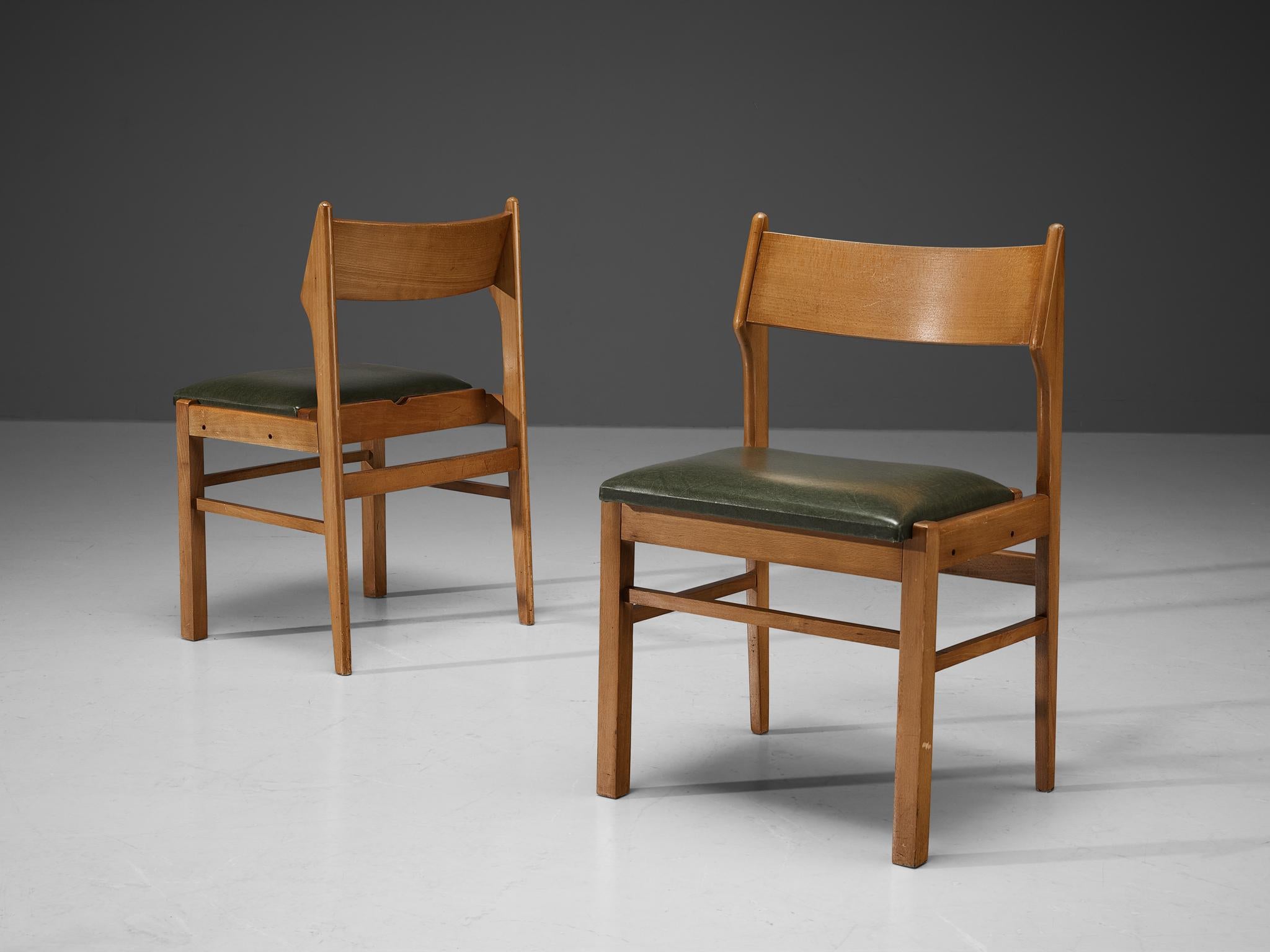 Mid-Century Modern Dutch Set of Six Dining Chairs in Wood and Green Leatherette