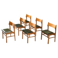 Dutch Set of Six Dining Chairs in Wood and Green Leatherette