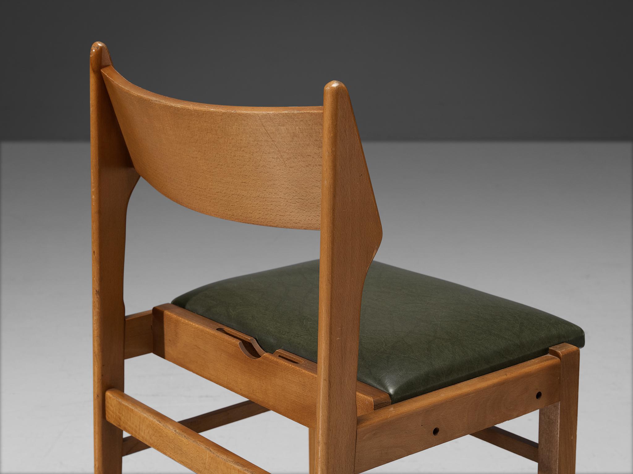 Niederländischer Satz von sechs Esszimmerstühlen aus Holz und grünem Leder  im Zustand „Gut“ im Angebot in Waalwijk, NL