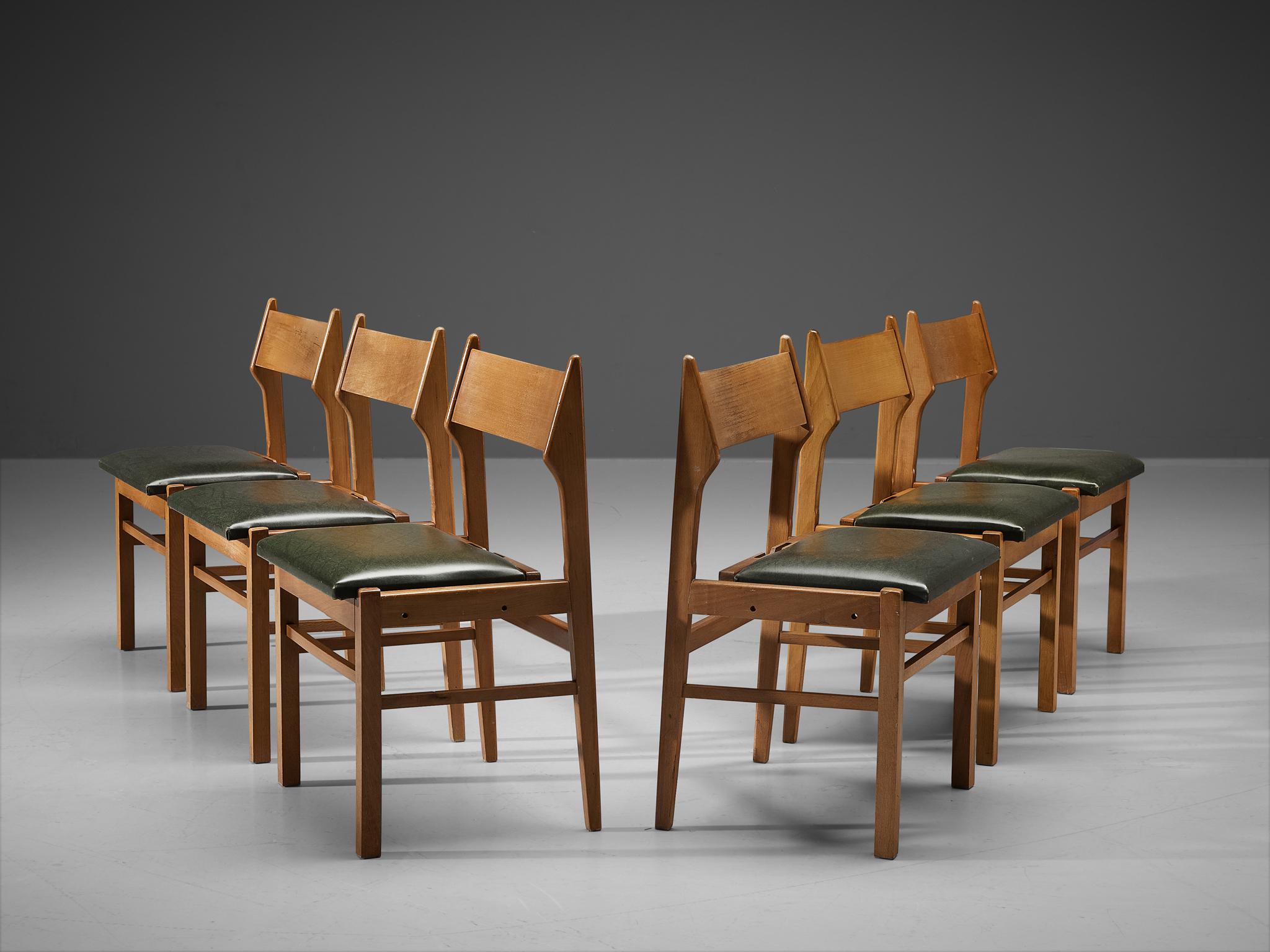 Niederländischer Satz von sechs Esszimmerstühlen aus Holz und grünem Leder  (Kunstleder) im Angebot