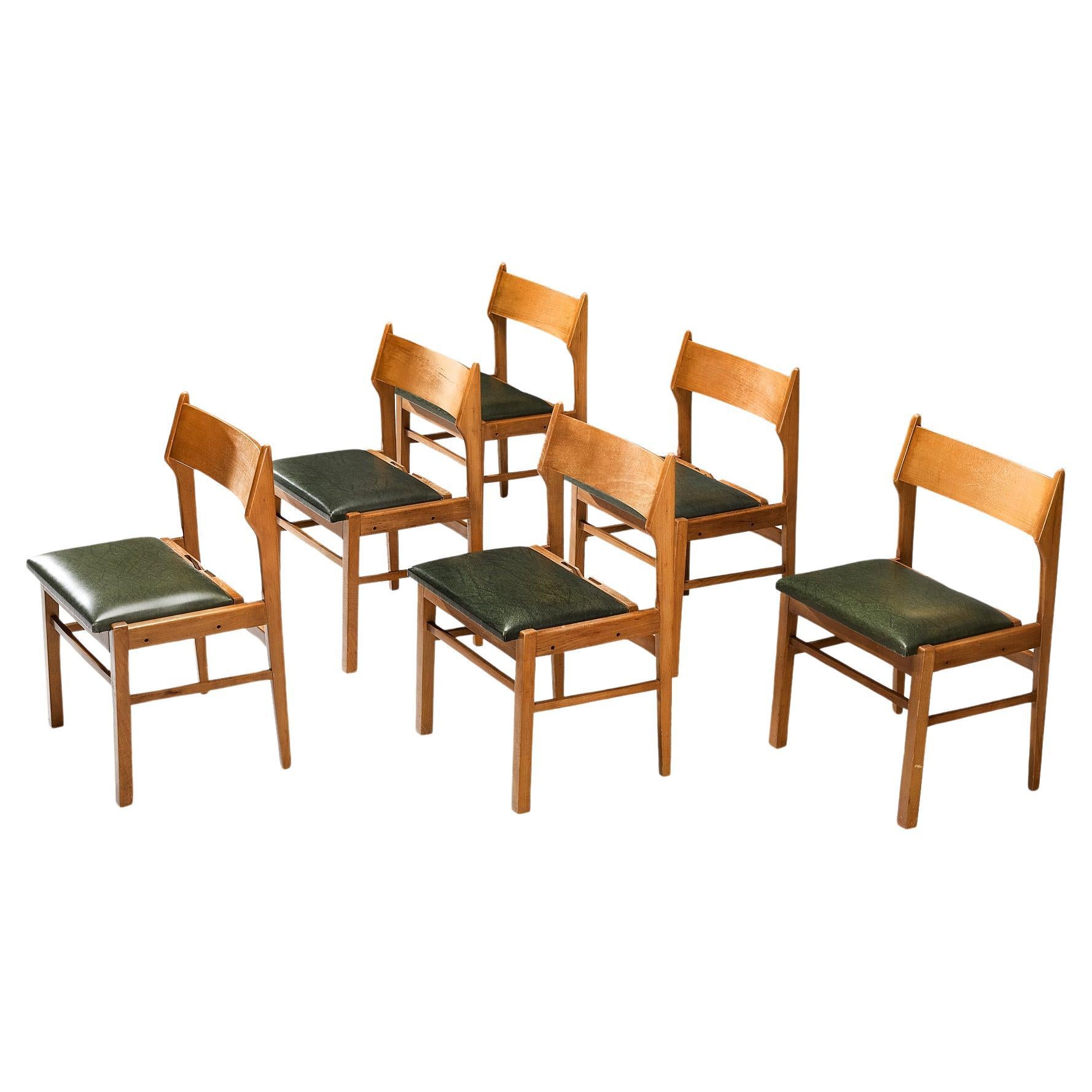 Niederländischer Satz von sechs Esszimmerstühlen aus Holz und grünem Leder  im Angebot