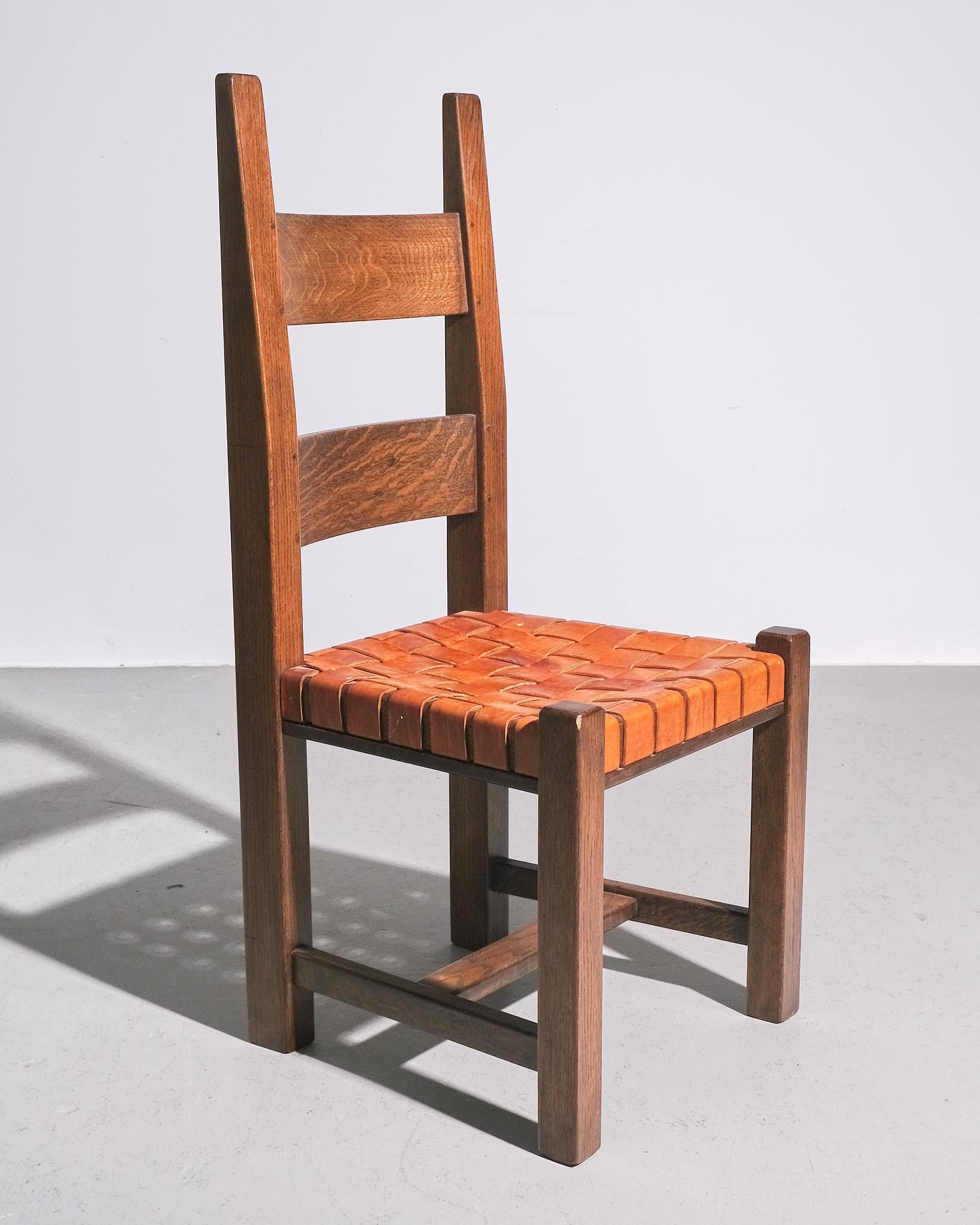 Pelle Set olandese di sei sedie da pranzo in Oak e pelle in vendita