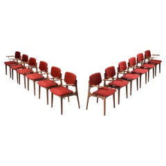 Dutch Set of Twelve Armchairs in Teak and Burgundy Upholstery 