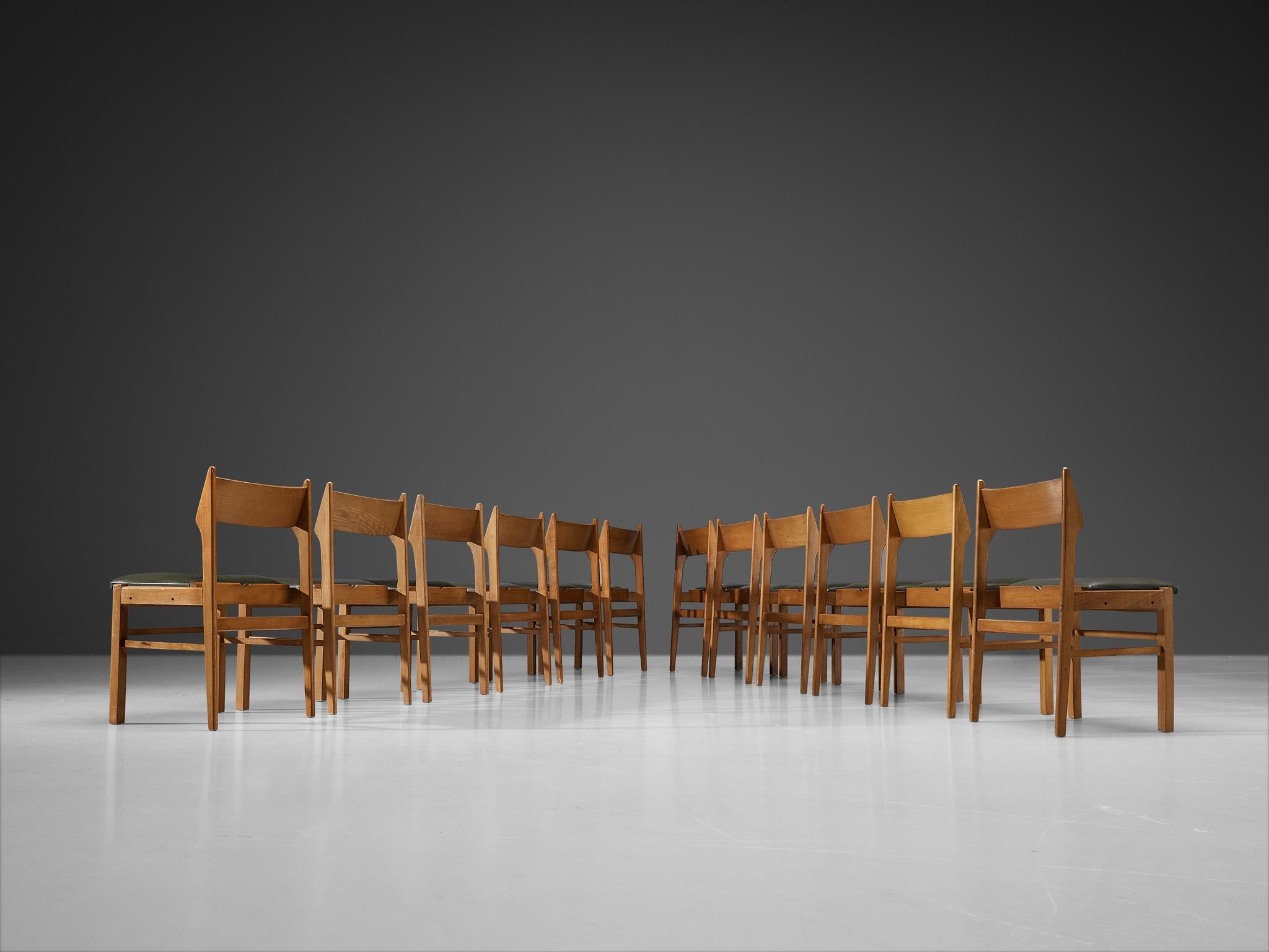 Dutch Set of Twelve Dining Chairs in Wood and Dark Green Leatherette For Sale 2