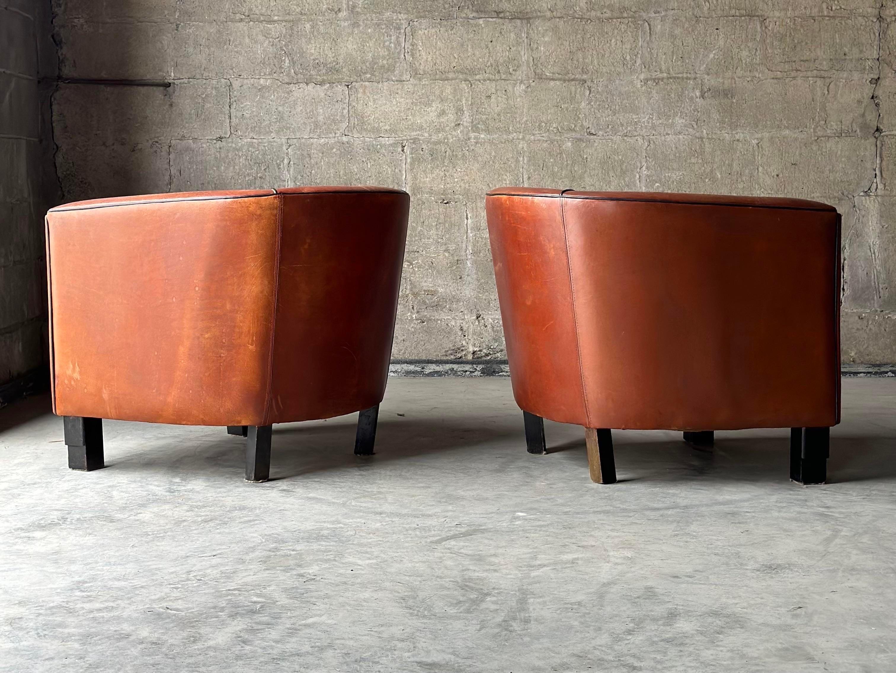 Art Deco Dutch Sheep’s Leather Club Chairs - a Pair For Sale
