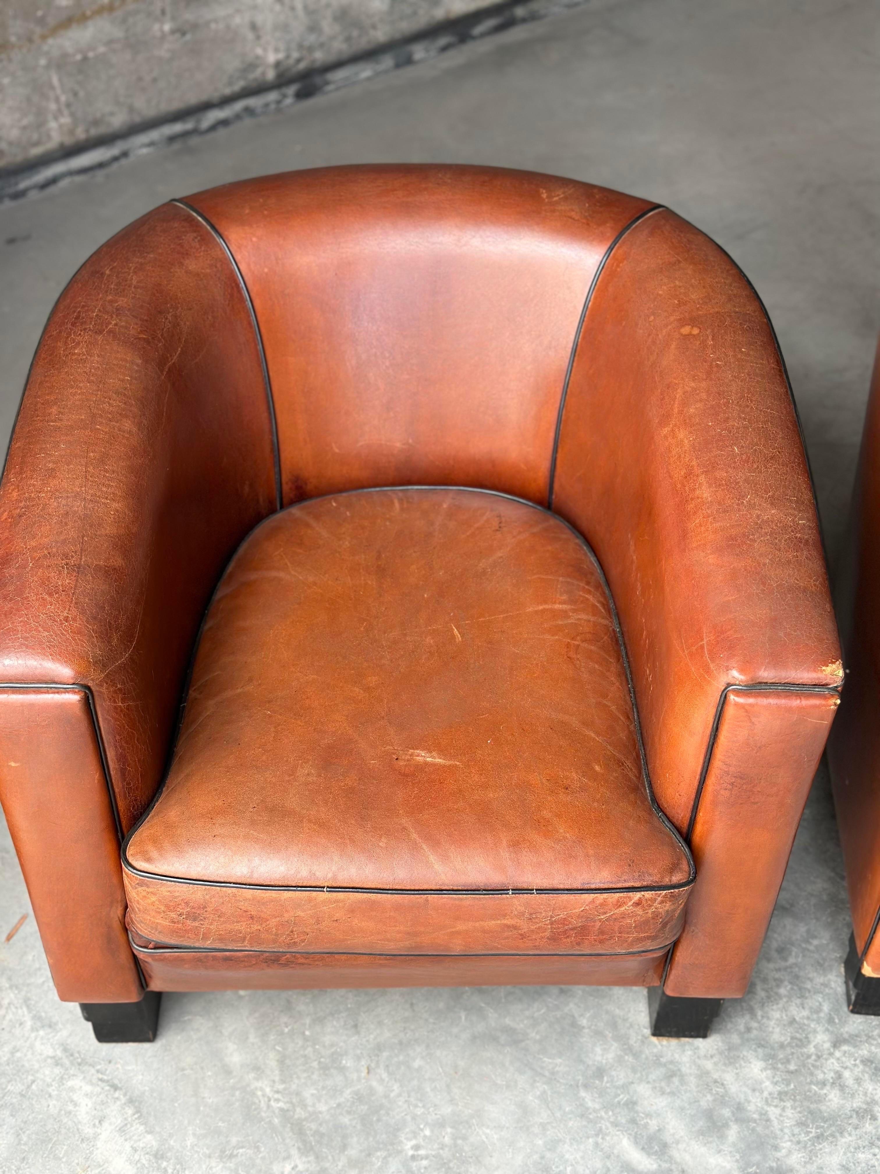 20th Century Dutch Sheep’s Leather Club Chairs - a Pair For Sale