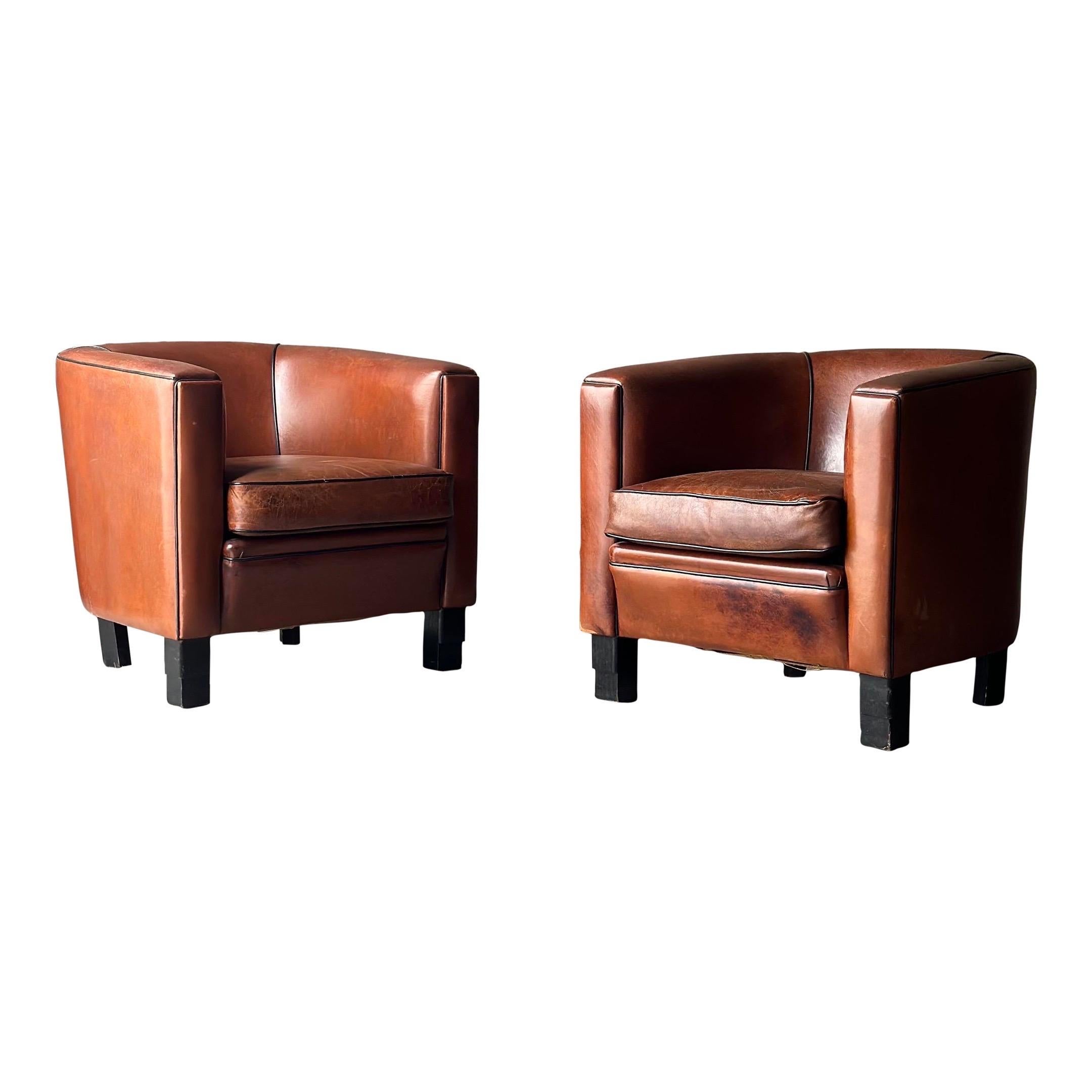Dutch Sheep’s Leather Club Chairs - a Pair For Sale