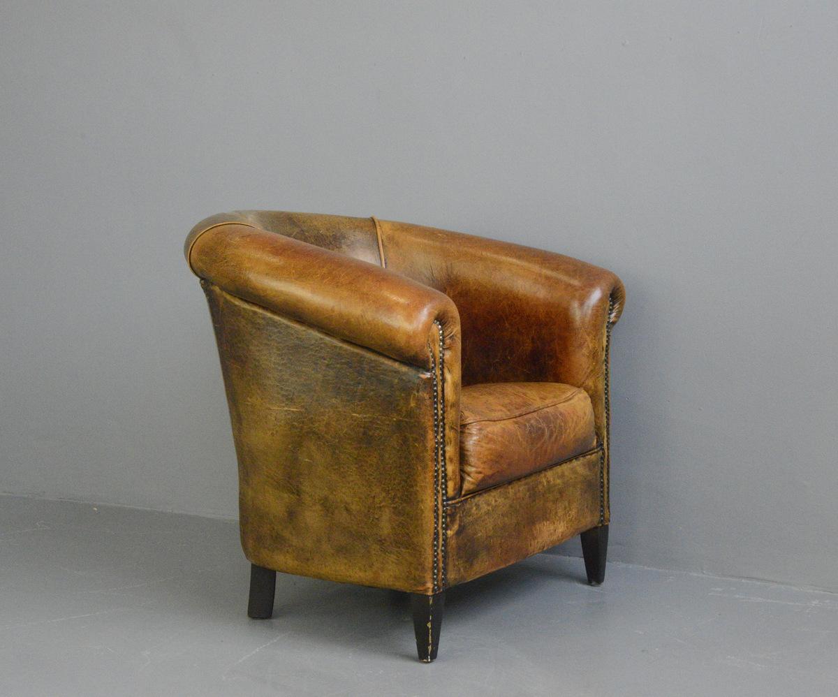 Mid-20th Century Dutch Sheepskin Leather Tub Chair