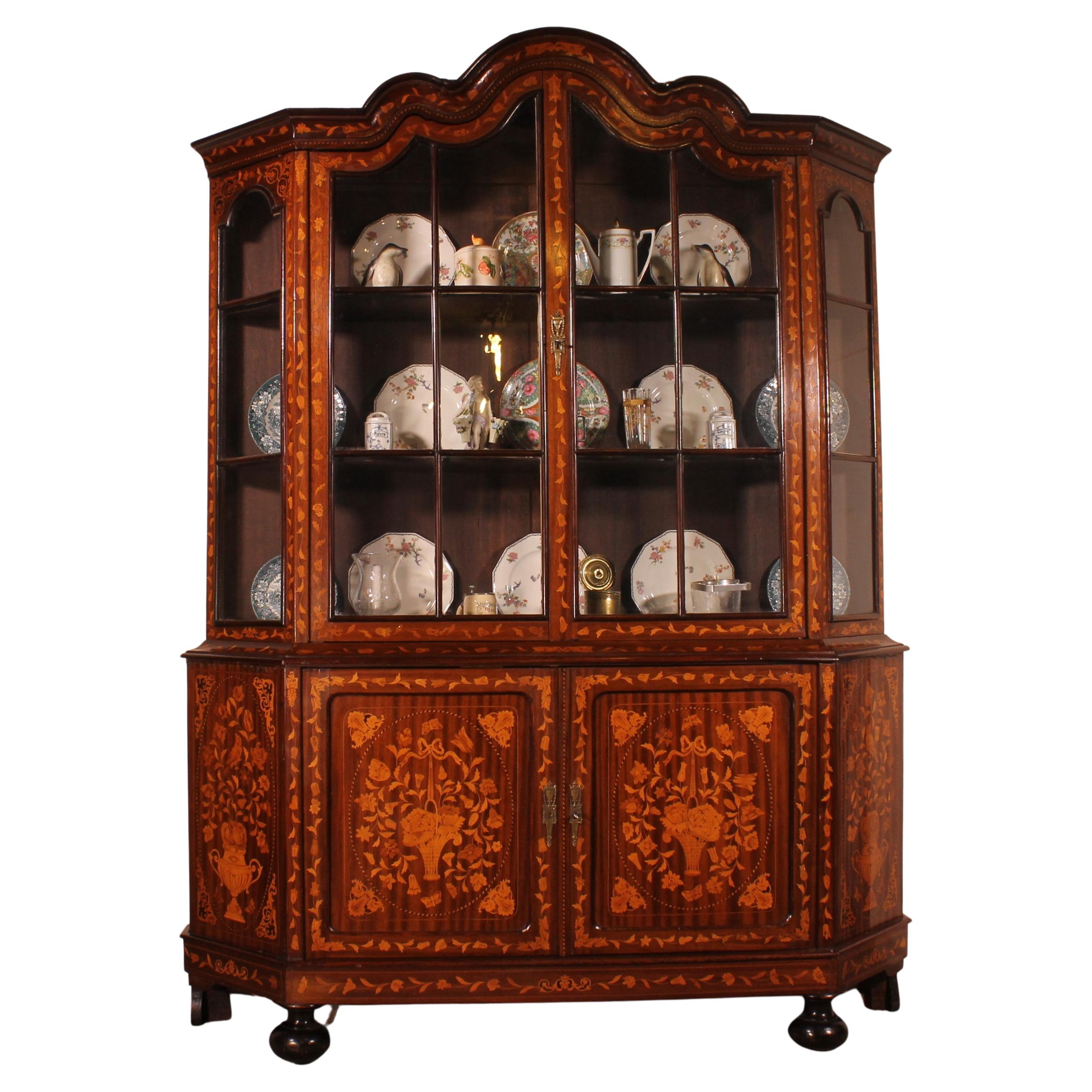 Dutch Showcase Cabinet Or Vitrine In Wood Marquetry With Floral Decor For Sale
