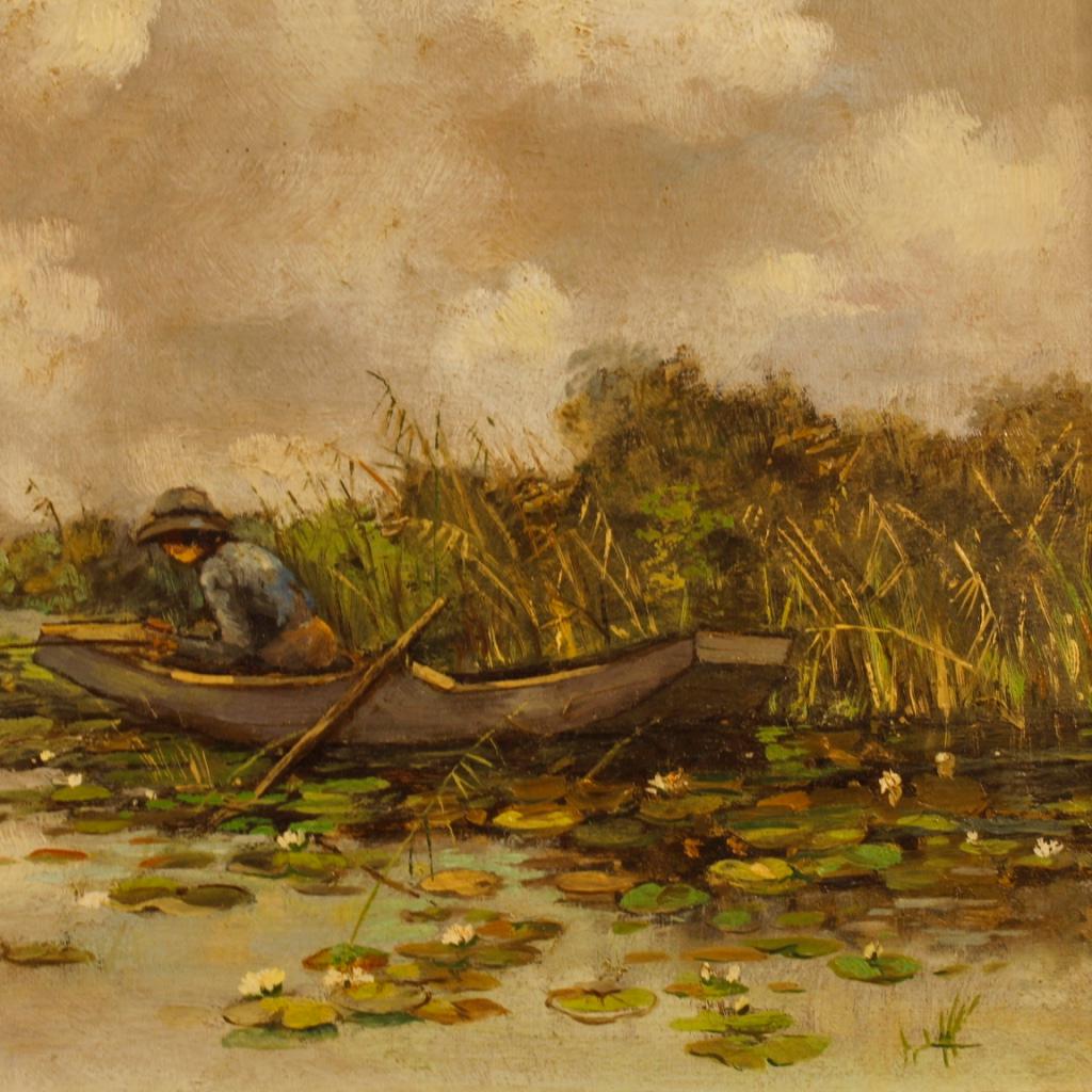 Dutch painting from the 20th century. Opera oil on canvas, on the first canvas, depicting view lake with fisherman and water lilies in style impressionist. Picture of good pictorial hand signed lower left (see photo), for antiquarians and