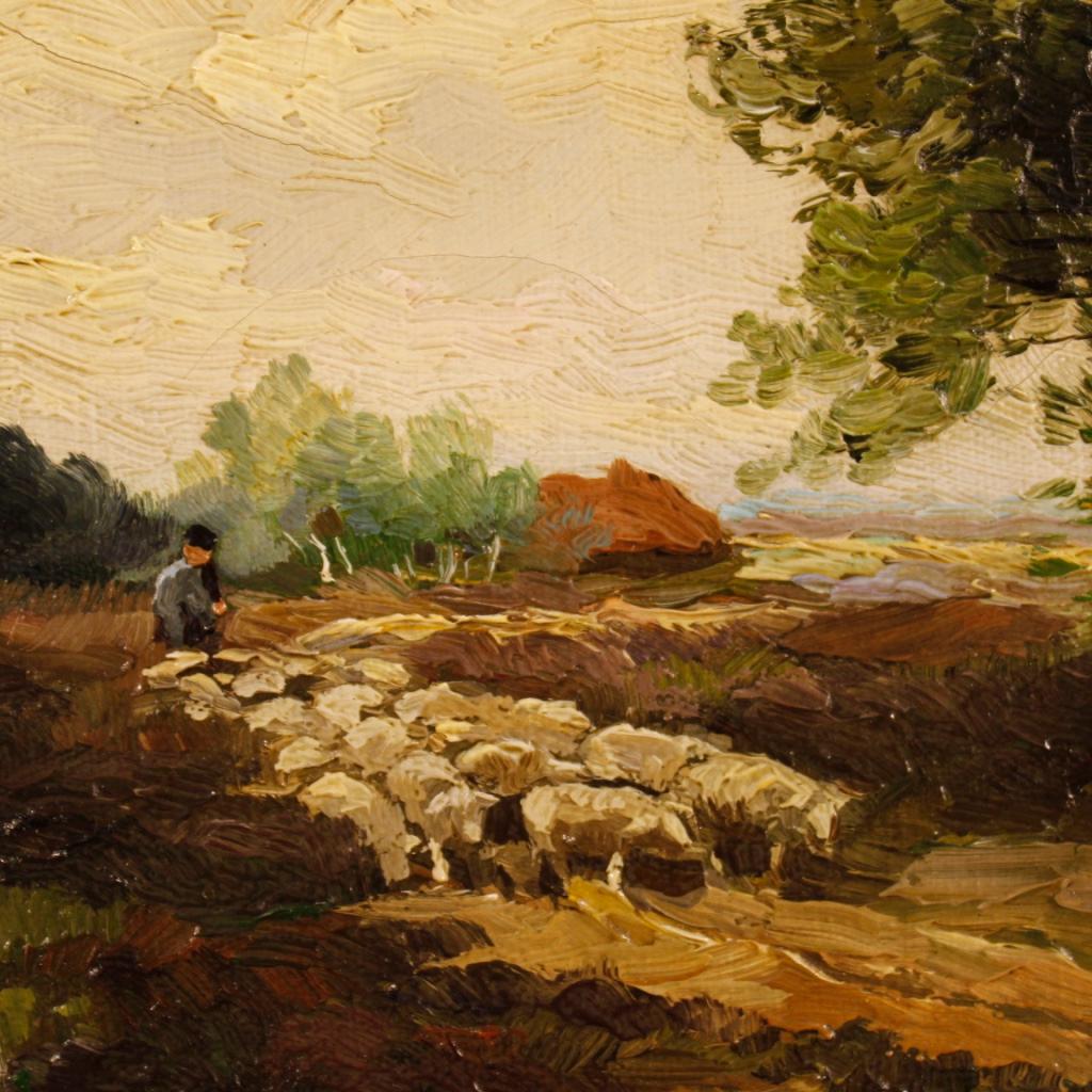 Dutch Signed Painting Landscape with Shepherd and Sheep, 20th Century For Sale 8