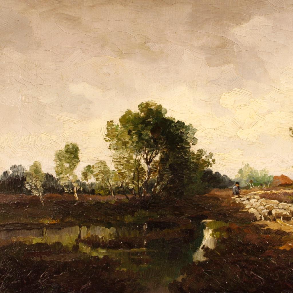 Dutch Signed Painting Landscape with Shepherd and Sheep, 20th Century In Good Condition For Sale In London, GB