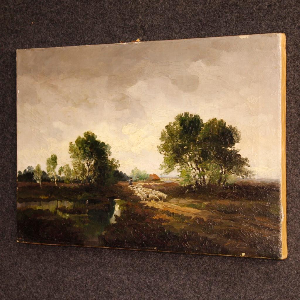 Dutch Signed Painting Landscape with Shepherd and Sheep, 20th Century For Sale 2