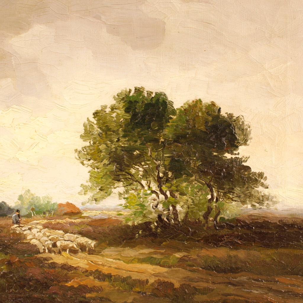 Dutch Signed Painting Landscape with Shepherd and Sheep, 20th Century For Sale 5