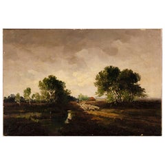 Dutch Signed Painting Landscape with Shepherd and Sheep, 20th Century