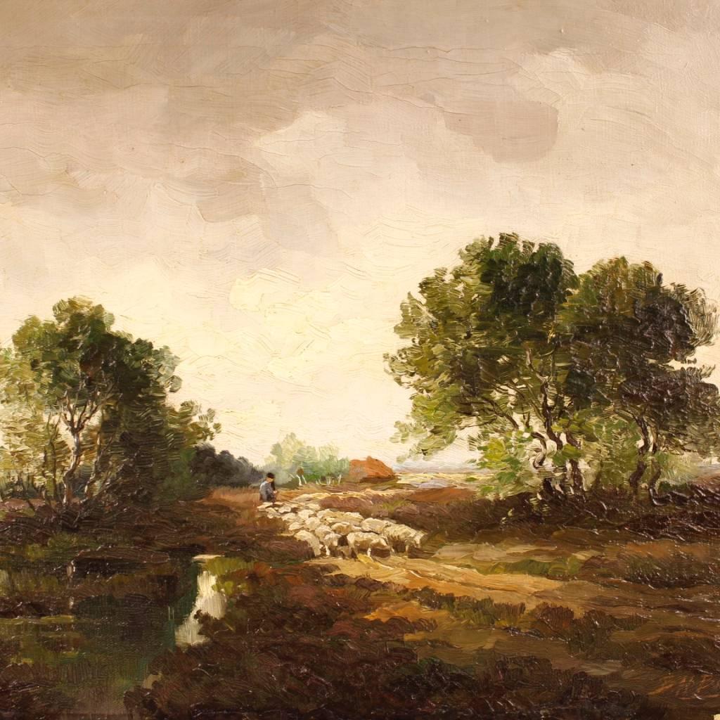 Dutch painting of the mid-20th century. Work oil on canvas depicting landscape with shepherd and sheep in Impressionist style of excellent pictorial hand. Framework that has undergone a conservative restoration and it has been backed again during