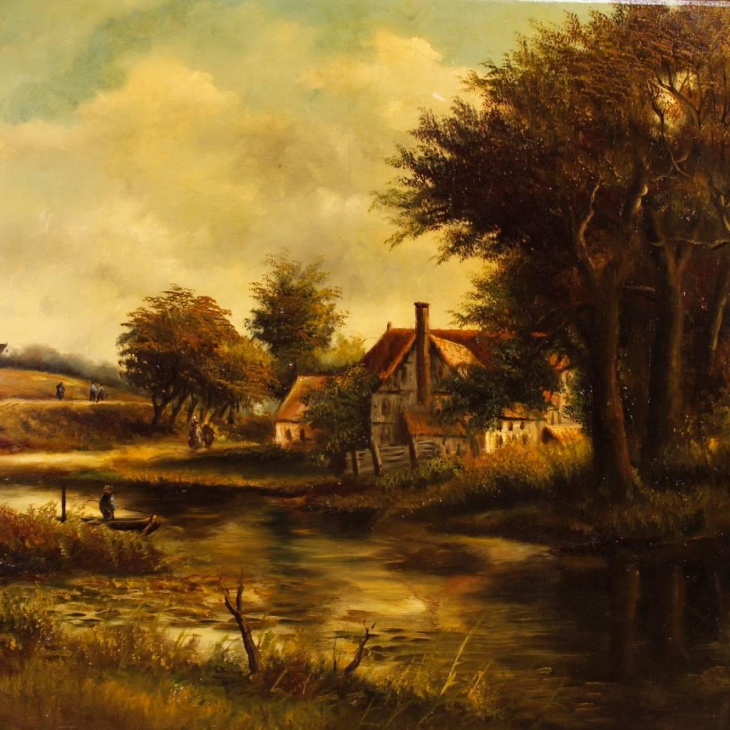 Dutch Signed Painting Oil on Canvas Landscape with Characters from 19th Century In Good Condition In Vicoforte, Piedmont