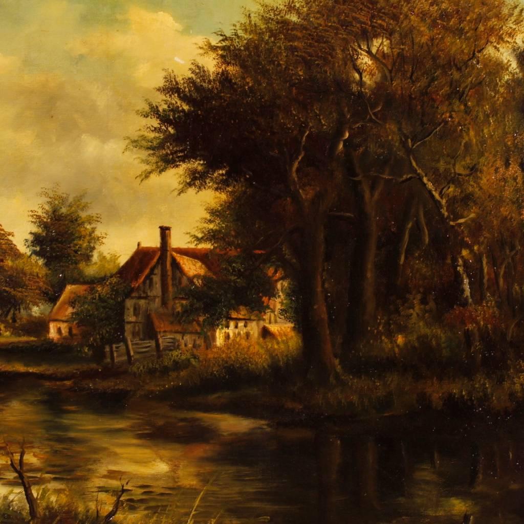 Dutch Signed Painting Oil on Canvas Landscape with Characters from 19th Century 1