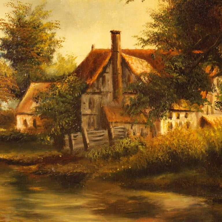 Dutch Signed Painting Oil on Canvas Landscape with Characters from 19th