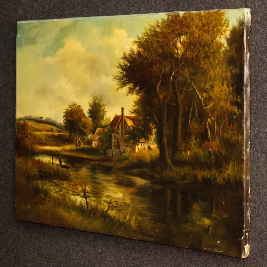Dutch Signed Painting Oil on Canvas Landscape with Characters from 19th Century 6