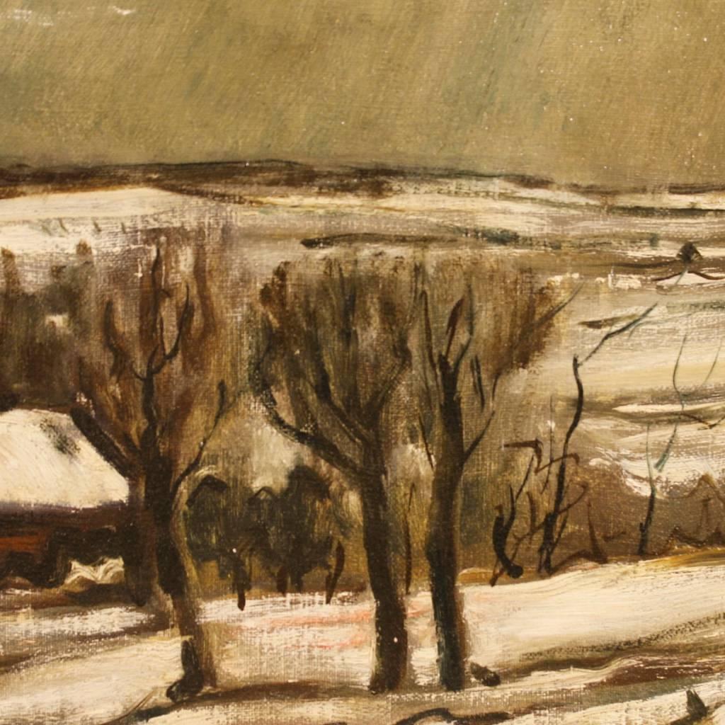 20th Century Oil on Canvas Dutch Signed Painting Winter Landscape, 1970 6