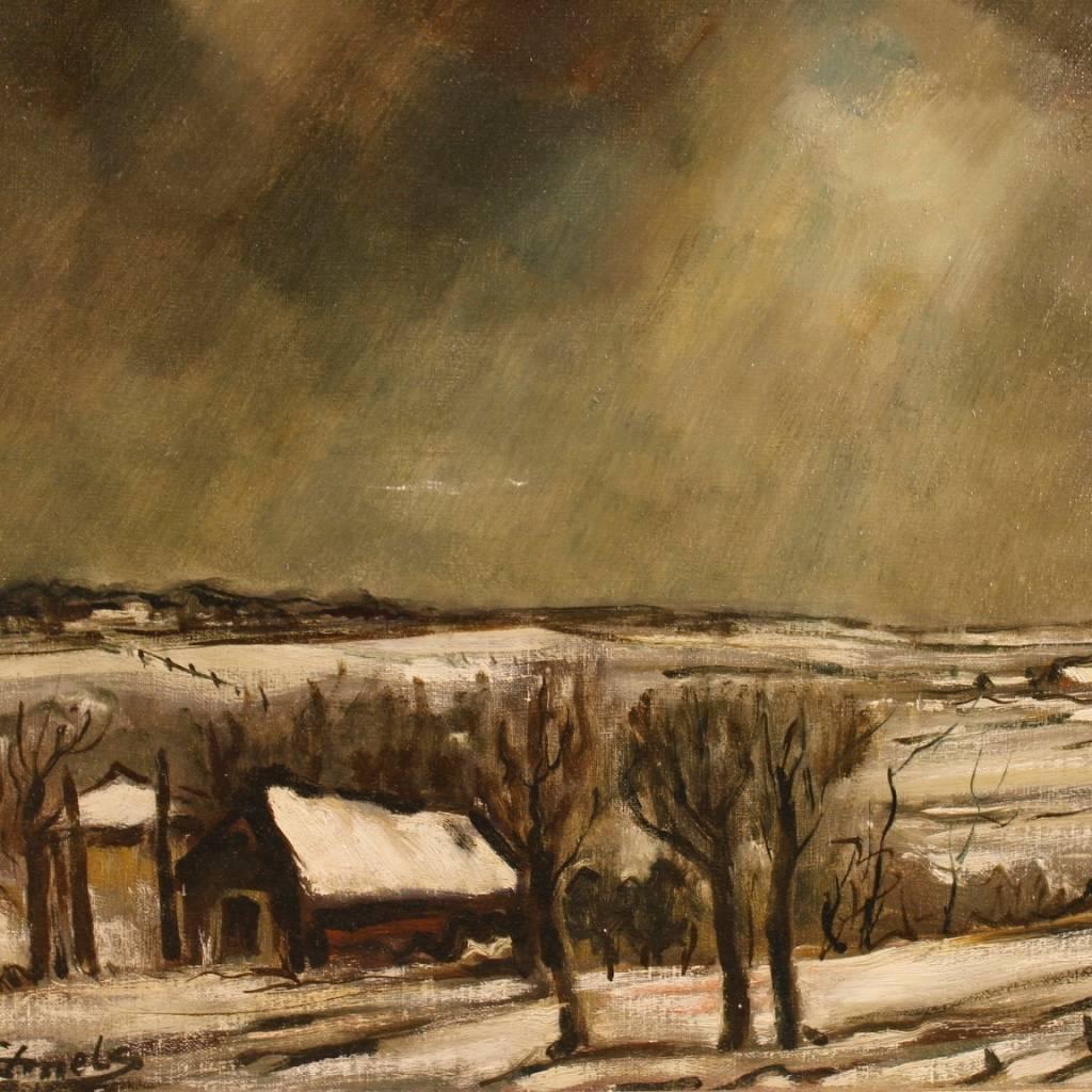 Gilt 20th Century Oil on Canvas Dutch Signed Painting Winter Landscape, 1970