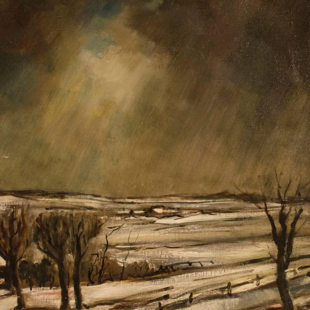 20th Century Oil on Canvas Dutch Signed Painting Winter Landscape, 1970 In Good Condition In Vicoforte, Piedmont
