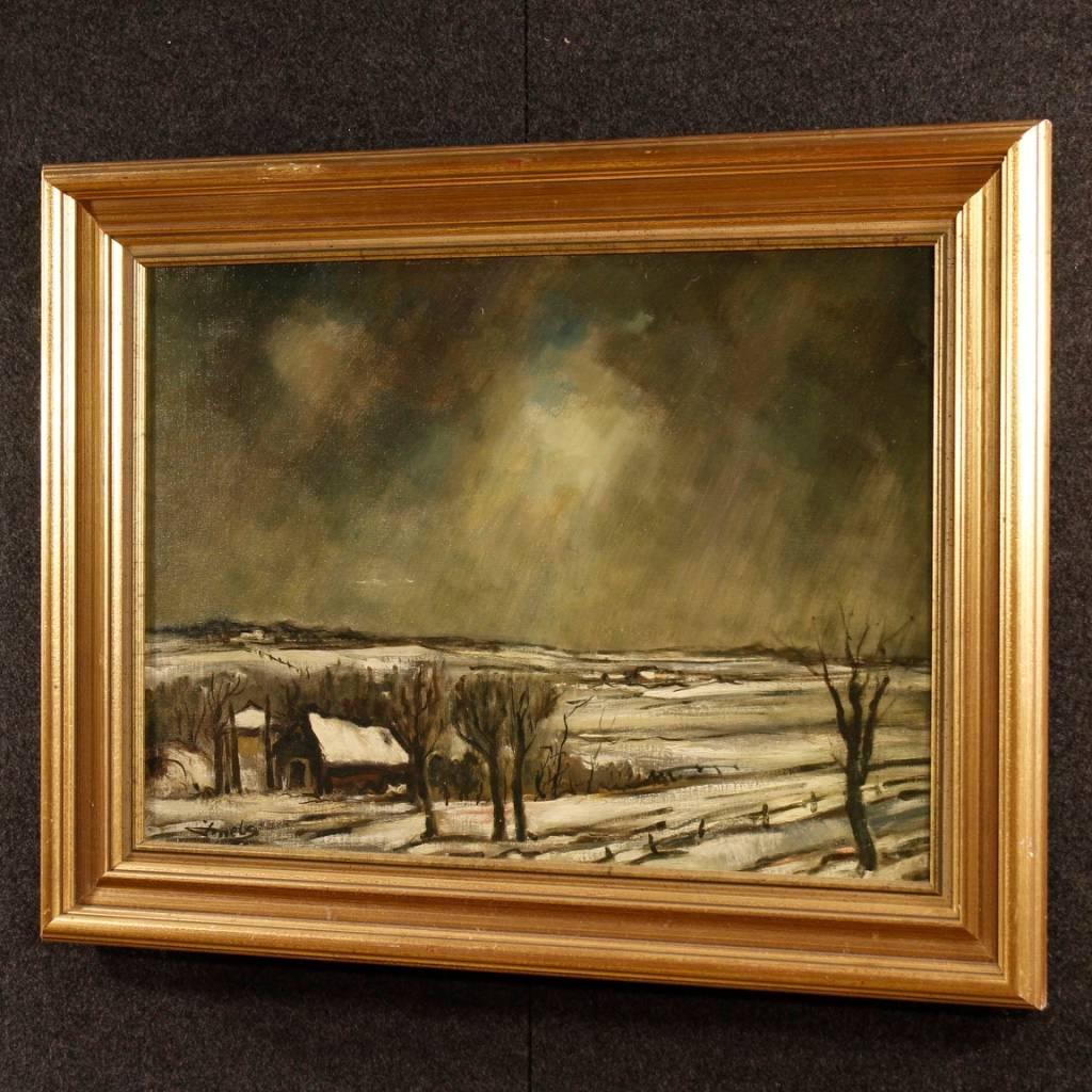 20th Century Oil on Canvas Dutch Signed Painting Winter Landscape, 1970 2